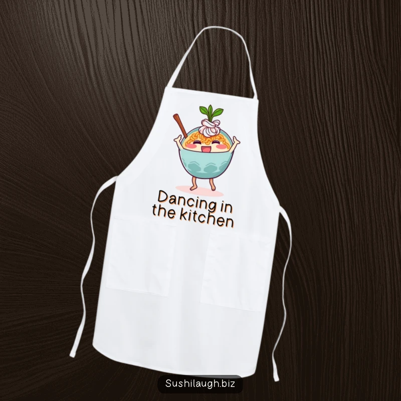 Funny Ramen Apron with a happy ramen bowl character performing a silly dance move with infectious energy, designed for joyful cooking.