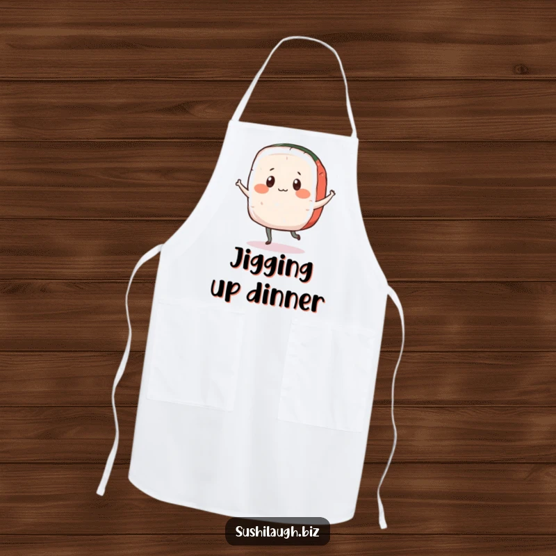Funny Sashimi Apron showing a playful fish slice doing a happy jig, a humorous and functional kitchen accessory.