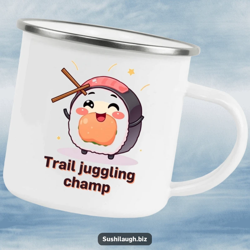 Funny Sushi Camping Mug depicting a happy sushi character skillfully juggling tiny chopsticks with glee, perfect for outdoor cheer.