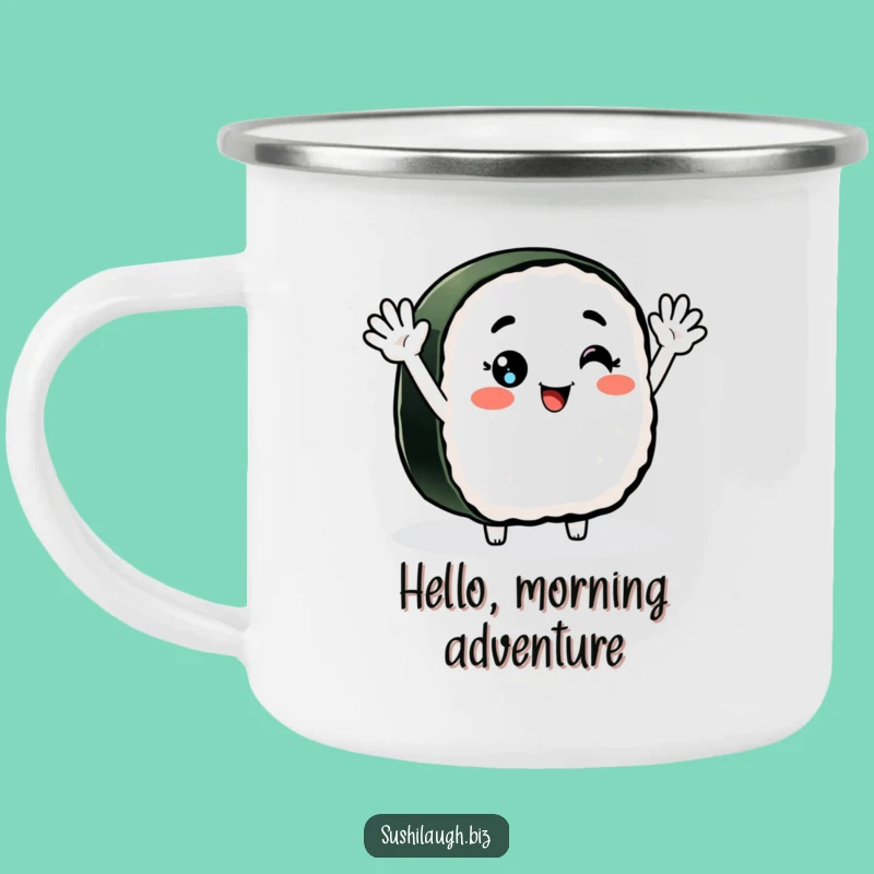 Funny Smiling Nigiri Sushi Camping Mug: Cheerful Outdoor Greeting Buddy