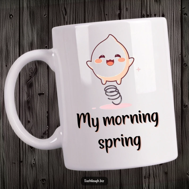 Funny Mochi Mug featuring a playful mochi character energetically bouncing high on a tiny spring, radiating pure excitement.