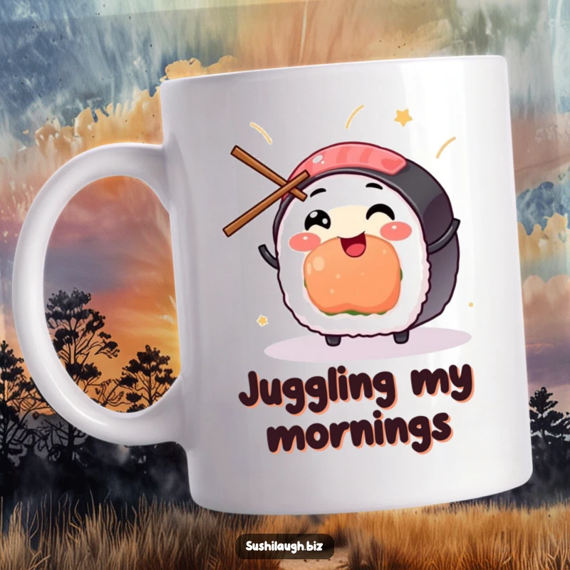 Funny Sushi Mug featuring a smiling sushi piece expertly juggling small chopsticks with immense glee, radiating fun.