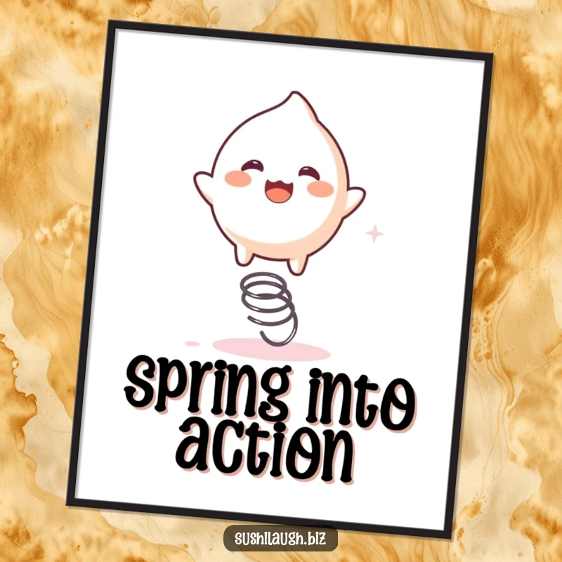 Funny Mochi Digital Art Print of a playful mochi character energetically bouncing on a tiny spring, creating a humorous visual.
