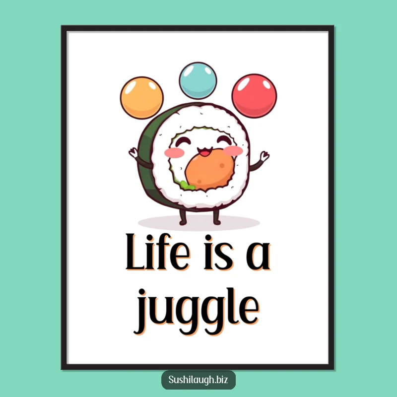 Funny Sushi Roll Juggling Digital Art: Cheerful Ikura Balance Decor