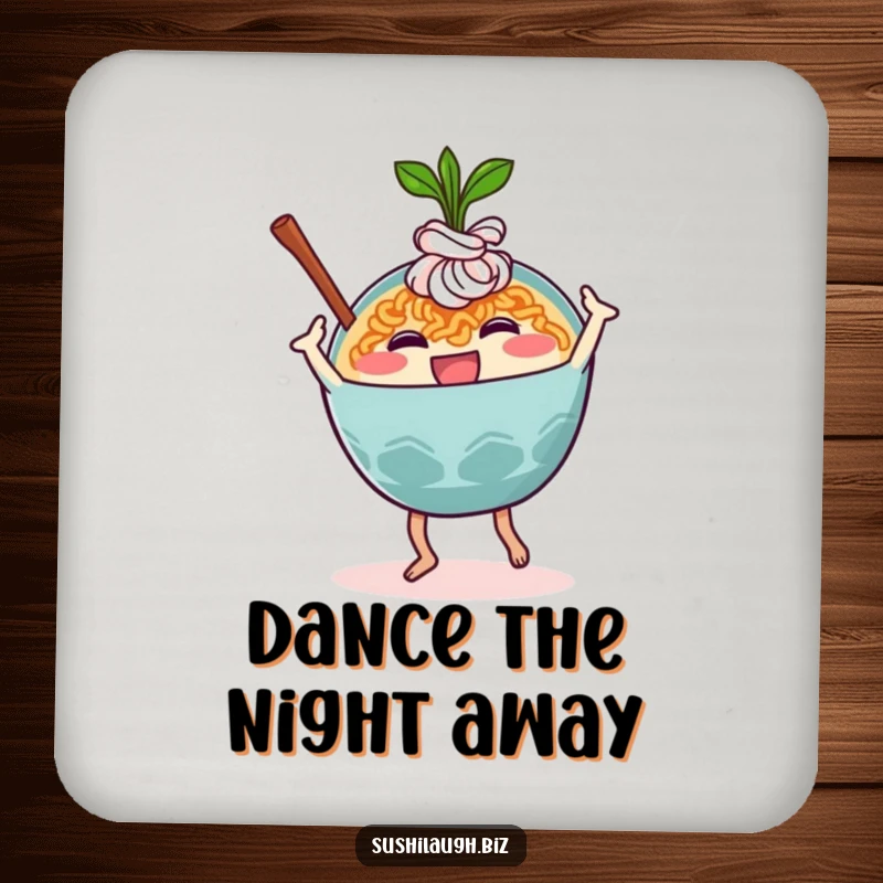 Funny Ramen Coaster showing a happy ramen bowl character joyfully performing a silly dance move, providing surface protection with humor.