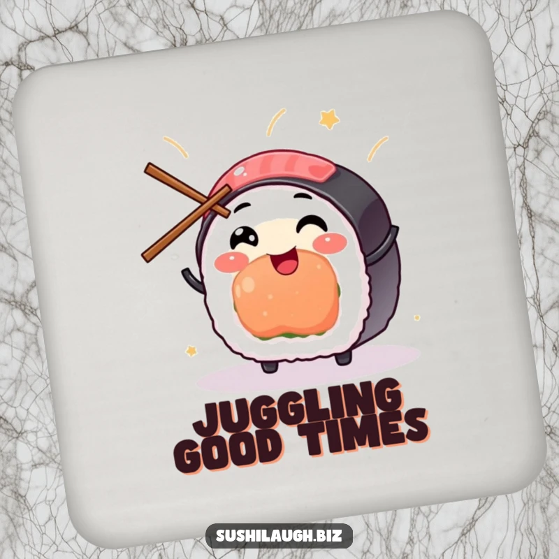 Funny Sushi Coaster showing a smiling sushi piece joyfully juggling small chopsticks, providing surface protection with culinary humor.