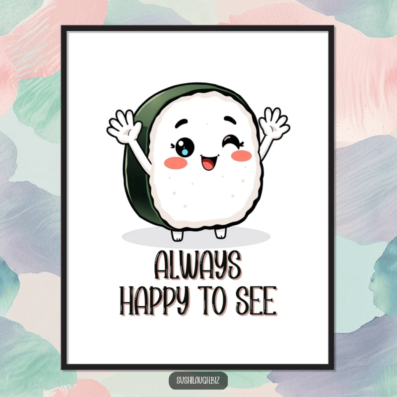 Funny Nigiri Sushi Poster of a smiling sushi character with arms waving enthusiastically, bringing cheerful energy to any room.