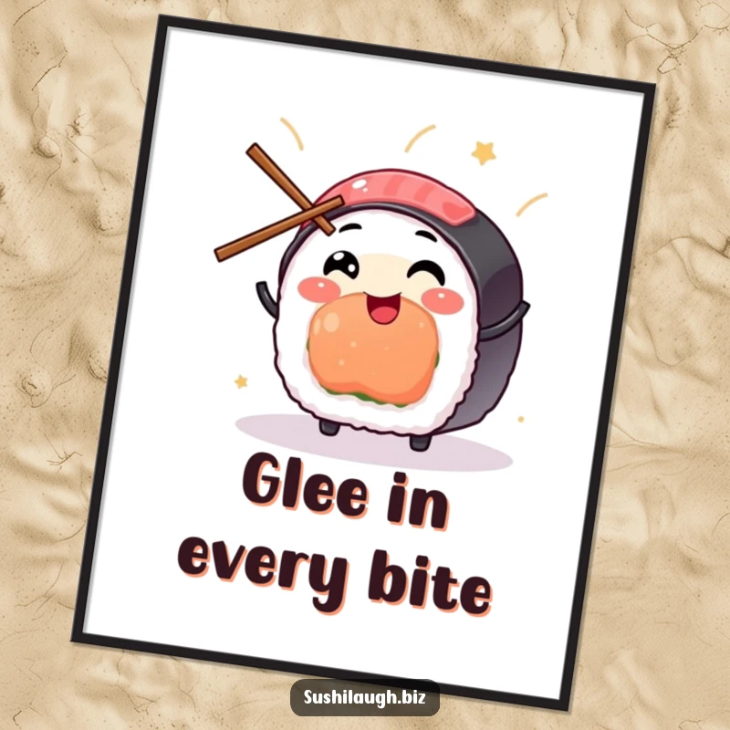 Funny Sushi Poster featuring a happy sushi character skillfully juggling tiny chopsticks with infectious glee, perfect for culinary decor.