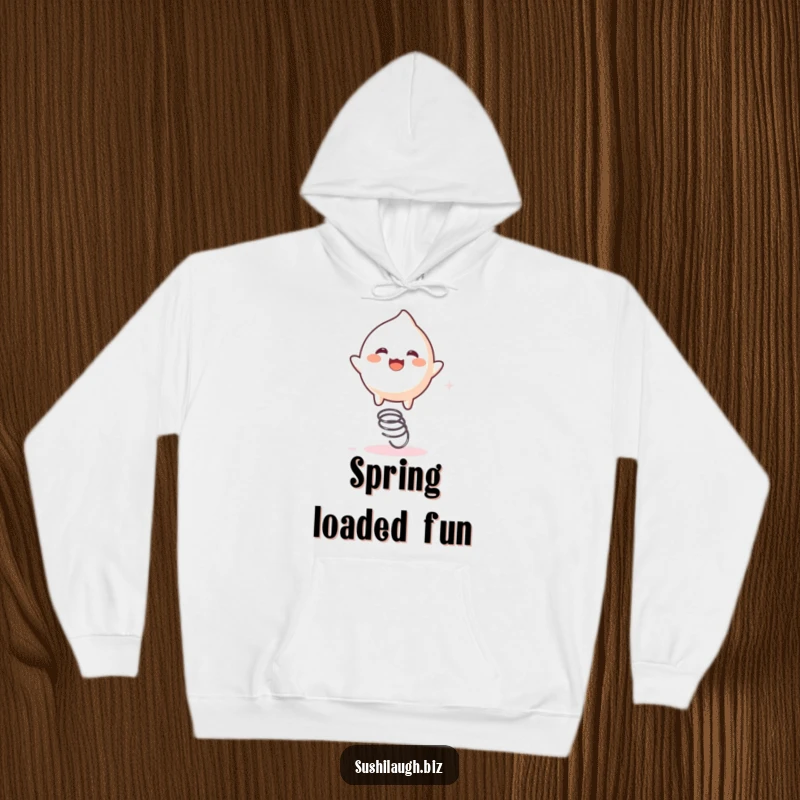 Funny Mochi Hoodie featuring a playful mochi character enthusiastically bouncing on a tiny spring, perfect for cozy humor.