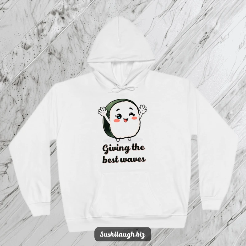 Funny Nigiri Sushi Hoodie with a smiling character enthusiastically waving, offering a warm and humorous welcome.