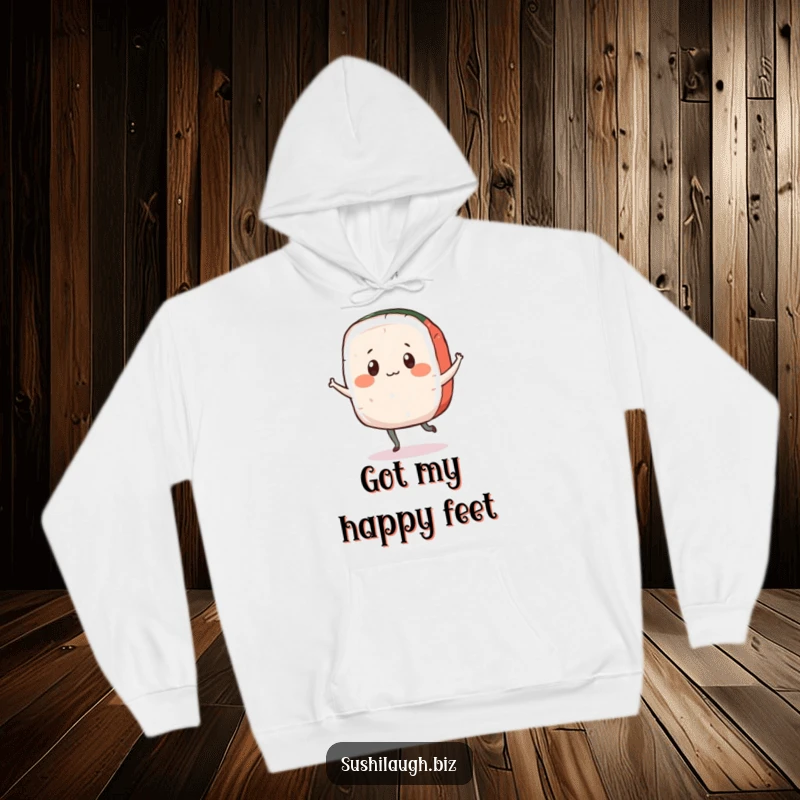 Funny Sashimi Hoodie with a playful fish slice character doing a happy little jig, blending comfort and humor.