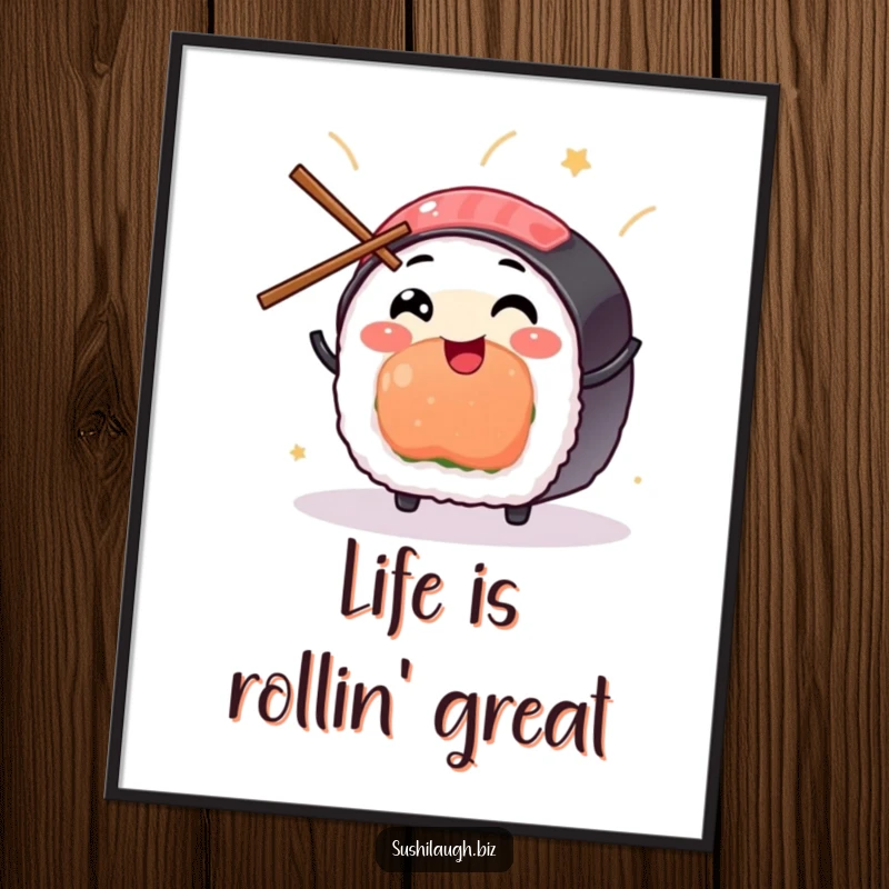 Funny Free Printable Sushi Wall Art: A smiling sushi piece comically juggling small chopsticks with an expression of pure, unadulterated glee.
