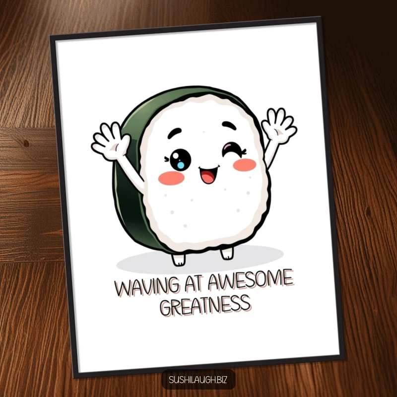 Funny Free Printable Wall Art: Smiling nigiri sushi character with arms waving enthusiastically, bringing playful kitchen decor.