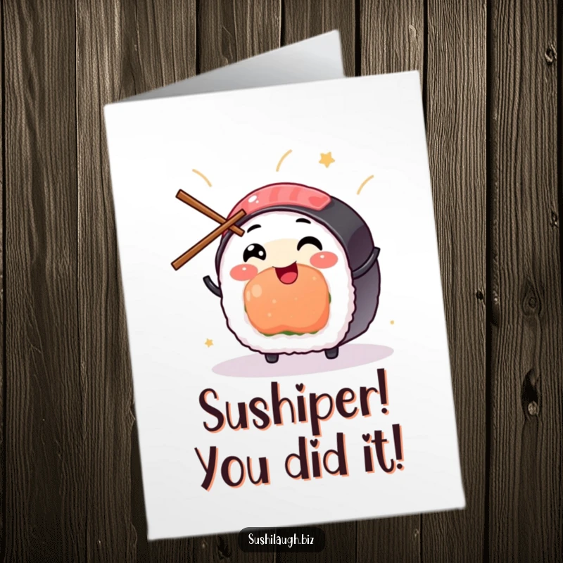 Funny Free Printable Sushi Congratulations Card: A joyful sushi character skillfully juggling tiny chopsticks, celebrating a grand achievement.