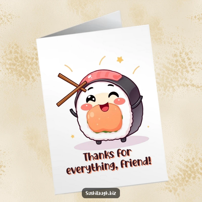 Funny Free Printable Sushi Thank You Card: A happy sushi character gleefully juggling small chopsticks, conveying heartfelt thanks.
