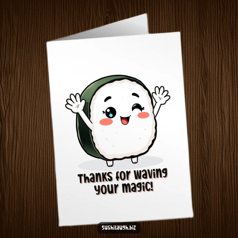 Funny Free Printable Thank You Card: A smiling nigiri sushi character enthusiastically waving, sending thanks with a friendly gesture.
