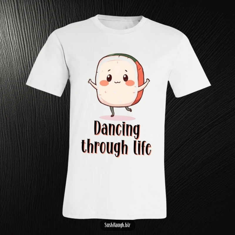 Funny Sashimi T-Shirt showing a playful piece of fish with simple eyes performing a delightful little jig, radiating pure fun.