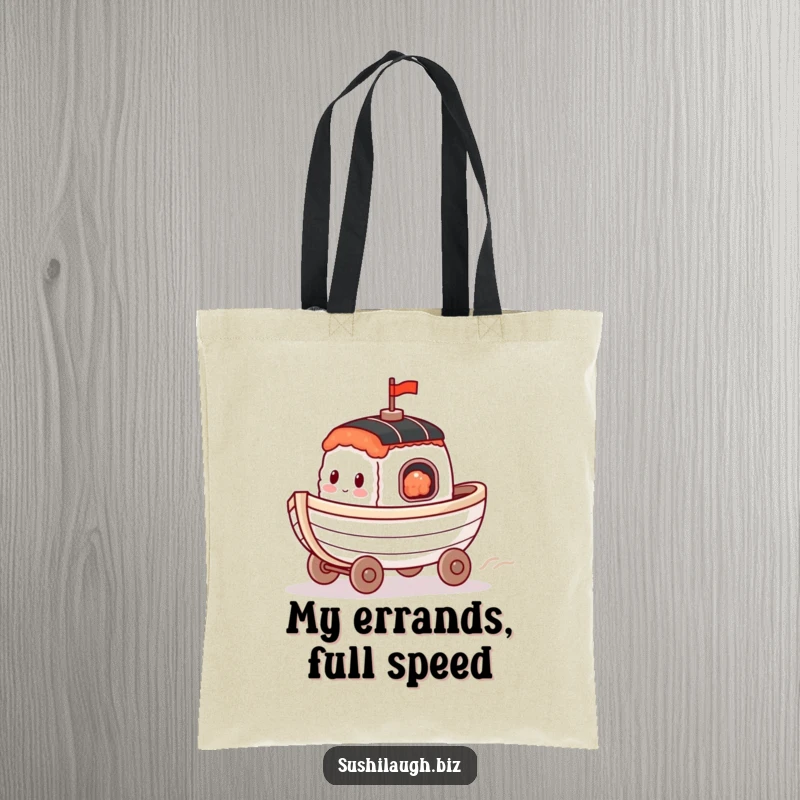 Funny Sushi Boat Tote Bag showcasing a happy boat with tiny wheels racing across a surface, a cute and functional accessory.